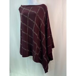 Vila Milano Burgundy Soft Wool Viscose Plaid‎ Poncho Sweater Women's S/M Sparkle